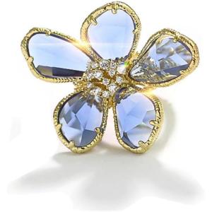 imageDtja Shiny Crystal Flower Statement Ring for Women Girls Gold Plated Bling CZ Delicate Lightweight Adjustable Expandable Open Wrap Finger Rings Comfort Fit Boho Y2K Jewelry Wedding Birthday ChristmasBlue