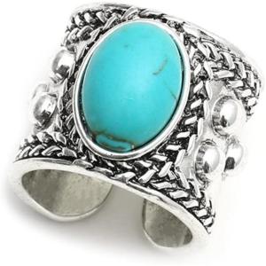 imageDtja Turquoise Adjustable Open Wide Band Ring for Women Girls Vintage Boho Ball Bead Blue Stone Knuckle Finger Rings Comfort Fit Bohemian Birthday Christmas Retro Party Jewelry Gift