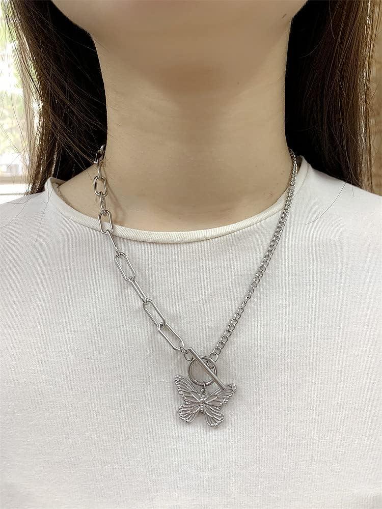 imageDtja Butterfly Toggle Clasp Stainless Steel Choker Pendant Necklace for Women Girls Fashion Punk Rock Safety Pin Link Charm Chain OT Clasps BFF Y2K Jewelry Gift 18 Inch