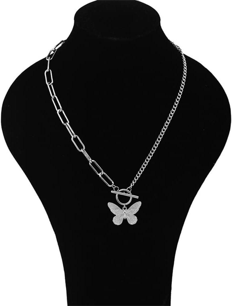 imageDtja Butterfly Toggle Clasp Stainless Steel Choker Pendant Necklace for Women Girls Fashion Punk Rock Safety Pin Link Charm Chain OT Clasps BFF Y2K Jewelry Gift 18 Inch