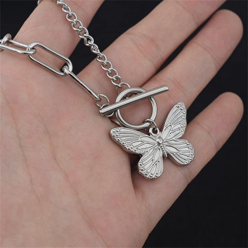 imageDtja Butterfly Toggle Clasp Stainless Steel Choker Pendant Necklace for Women Girls Fashion Punk Rock Safety Pin Link Charm Chain OT Clasps BFF Y2K Jewelry Gift 18 Inch