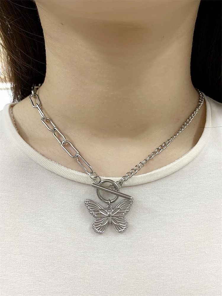 imageDtja Butterfly Toggle Clasp Stainless Steel Choker Pendant Necklace for Women Girls Fashion Punk Rock Safety Pin Link Charm Chain OT Clasps BFF Y2K Jewelry Gift 18 Inch