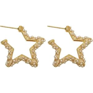 imageFaux Pearl Star Hoop Dangle Stud Earrings for Women Girls Gold Plated Dipped Geometrical Huggie Open Hoops Drop Hypoallergenic Lucky Post Birthday Wedding Gift for Friends
