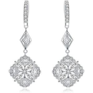 imageCZ Vintage Dangle Hoop Earrings for Women S925 Sterling Silver with Charms SilverTone Pave Cubic Zirconia Leverback Filigree Flower Dangling Stud Wedding Retro Bridal Prom Antique Jewelry