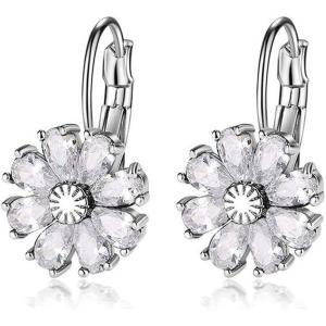 imageCZ Wedding Daisy Flower Earrings for Women Silver Plated Cubic Zirconia Cute Sunflower Small Hoop Lever Back Huggie Hoops Earring Nickel Free Birthday Party Vacation Jewelry Gift Clear