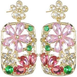 imageDainty Colored CZ Flower Dangle Earrings for Wonen 925 Sterling Silver Post Hypoallergenic Rectangle Gold Charms Drop Stud Elegant Pink Green Crystal Wedding Birthday Party Jewelry for Her