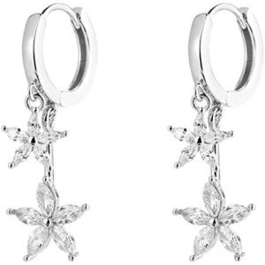 imageDouble CZ Flower Dangle Hoop Earrings for Women Silvery Charms Tiny Rhinestone Daisy Flower Bar Drop Dangling Small Hoop Cartilage Stud Tragus Dainty Fashion Earrings Silvery