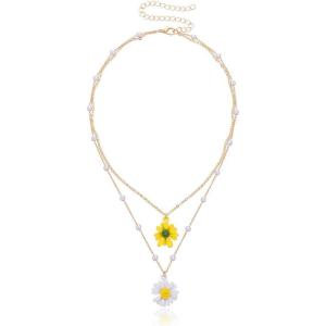 imageLayered Daisy Flower Pendant Necklaces for Women Gold Plated Acrylic Resin White Yellow Sunflowers Shell Pearls Charms Link Choker Chains Adjustable Cute Jewelry