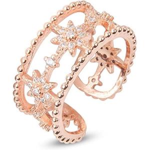 imageStar Statement Rose Gold Plated Ring for Women Girls CZ Engagement Layer Beaded Open Band Rings Comfort Fit Promise Wedding Birthday Christmas Party Jewelry Gift for Bridal Sister Size 8