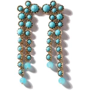 imageRound Circle Long Fringe Dangle Drop Earrings for Women GoldToned Vintage Birthstone Tassel Statement Charms Elegant Lightweight Birthday Holiday 50s 60s JewelryTurquoise