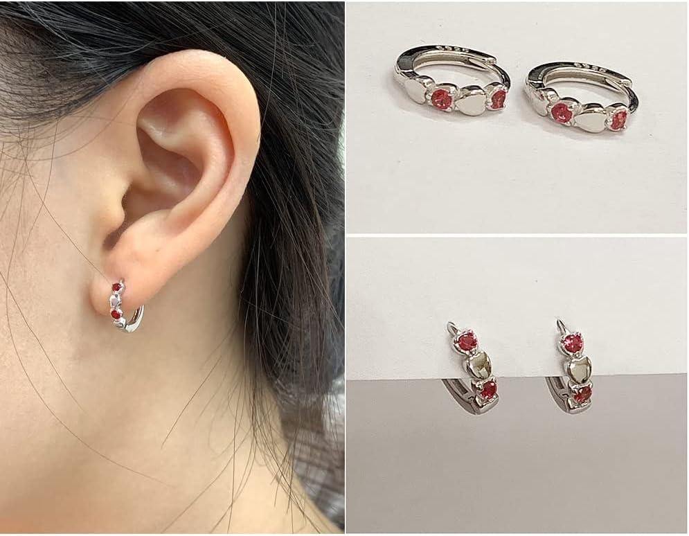 imageDouble Love Heart Cubic Zirconia Sleeper Small Hoop Earrings for Women Sterling Silver Cartilage Tiny Cute Huggie Hoops Hypoallergenic for Sensitive Ear Red CZ