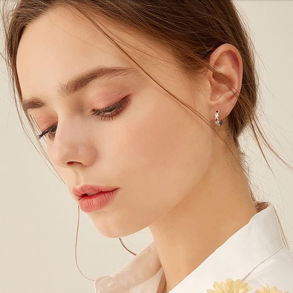 imageDouble Love Heart Cubic Zirconia Sleeper Small Hoop Earrings for Women Sterling Silver Cartilage Tiny Cute Huggie Hoops Hypoallergenic for Sensitive Ear Red CZ