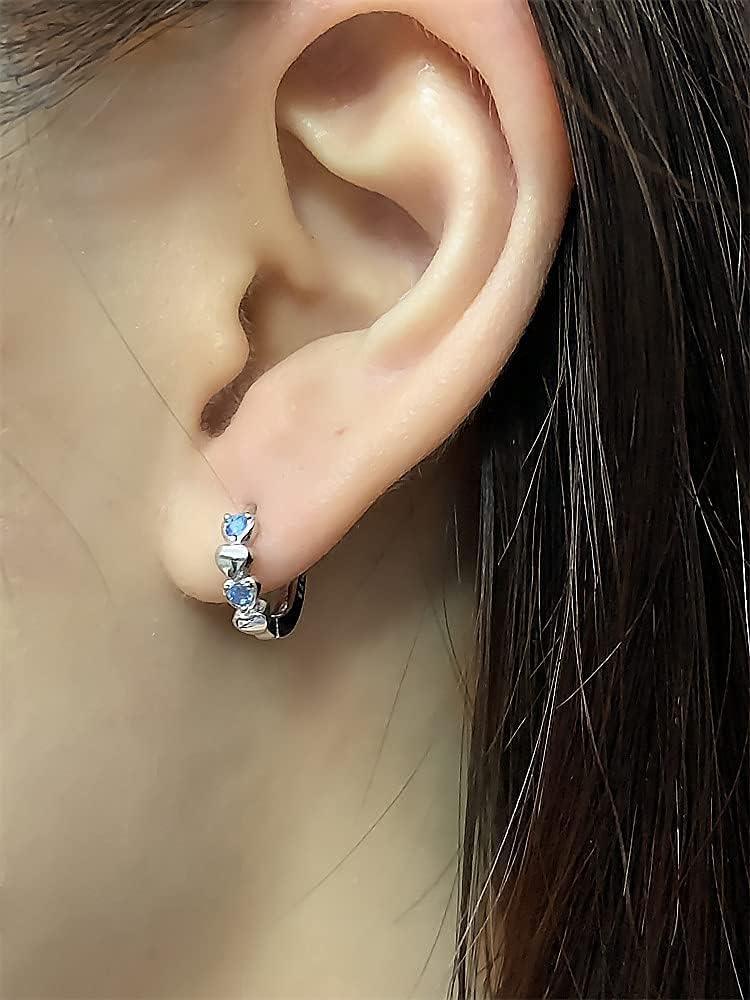 imageDouble Love Heart Cubic Zirconia Sleeper Small Hoop Earrings for Women Teen Girls S925 Sterling Silver Cartilage Tiny Cute Huggie Hoops Hypoallergenic for Sensitive Ear Blue CZ