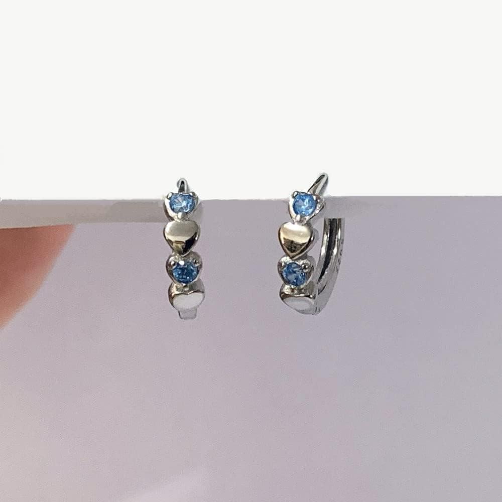 imageDouble Love Heart Cubic Zirconia Sleeper Small Hoop Earrings for Women Teen Girls S925 Sterling Silver Cartilage Tiny Cute Huggie Hoops Hypoallergenic for Sensitive Ear Blue CZ