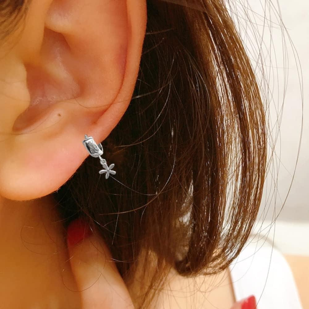 imageFlower Small Hoop Earrings for Women Girls 925 Sterling Silver Cute Charms Dangle Drop Tiny Chunky Huggie Hoops Cartilage 18G Piercing Cuff Wrap Clip Fashion Minimalist Jewelry Gifts Silver
