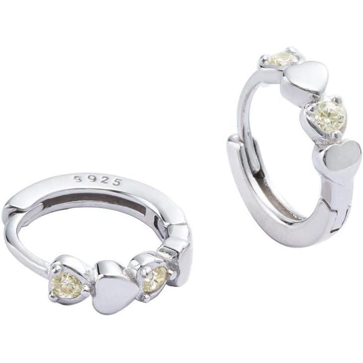 imageDouble Love Heart Cubic Zirconia Sleeper Small Hoop Earrings for Women Sterling Silver Cartilage Tiny Cute Huggie Hoops Hypoallergenic for Sensitive Ear Light Yellow CZ