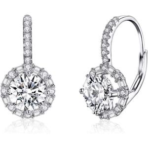 imageCubic Zirconia Leverback Dangle Hoop Earrings for Women 925 Sterling Silver Huggie Charm Round Halo CZ Drop Dangling Clip on Stud Earrings Dainty Wedding Jewelry Bridal Gift