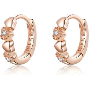 imageDouble Love Heart Cubic Zirconia Sleeper Small Hoop Earrings for Women Teen Girls S925 Sterling Silver Cartilage Tiny Cute CZ Huggie Hoops Clip Hypoallergenic for Sensitive Ear 14K Rose Gold Plated