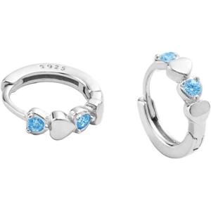 imageDouble Love Heart Cubic Zirconia Sleeper Small Hoop Earrings for Women Teen Girls S925 Sterling Silver Cartilage Tiny Cute Huggie Hoops Hypoallergenic for Sensitive Ear Blue CZ