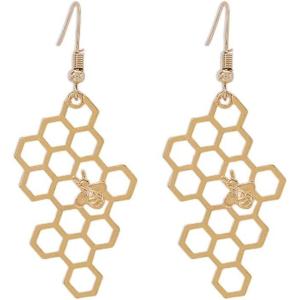 imageHoneycomb with Bee Dangle Earrings for Women Girls Gold Plated Hollow Enameled Bumblebee Hives Drop Fish Hook Stud Unique Lightweight Holiday Party Jewelry Gifts