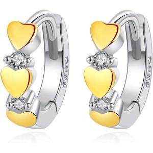 imageTwoTone Love Heart Cubic Zirconia Sleeper Small Hoop Earrings for Women Teen Girls Silver Gold Cartilage Tiny Cute Huggie Hoops Hypoallergenic for Sensitive Ear