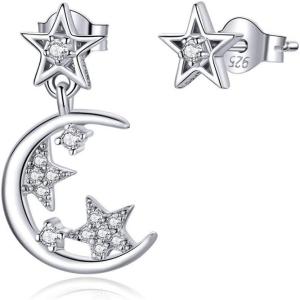 imageDelicate CZ Crescent Moon Dangle Star Stud Earrings for Women Teen Girls 925 Sterling Silver Hypoallergenic Piercing Ear Small Huggie Studs Tragus Asymmetrical Earring Cute Jewelry for Daughter