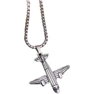 imagePunk Airplane Pendant Necklace for Women Men Vintage Silver Plated Stainless Steel Plane Drop Box Chain Fashion Rock Hip Hop Jewelry Unisex 24 inch