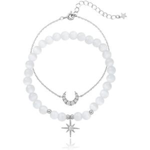 imageMoon Star Cat Eye Stretch Bracelet CZ Ball Beaded Bracelets Set for Women Girls Dainty Wedding Friendship Charms Adjustable Link Chains Comfortable Gifts 2 PCS