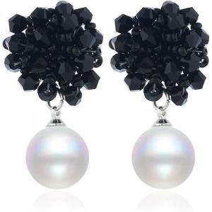 imageBoho Beaded Pearl Dangle Drop Earrings for Women Girls Piercing Ear Bohemian Big Round Ball Bead Stud Post Handmade Cluster Fashion Earring Jewelry Gifts 5 Colors Black