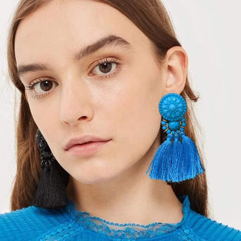 imageBoho Round Fringed Dangle Earrings for Women Girls Acrylic Bohemian Geometric Long Tassel Thread Statement Drop Circle Ball Stud Hypoallergenic Retro Colorful Y2K Jewelry Gifts Blue