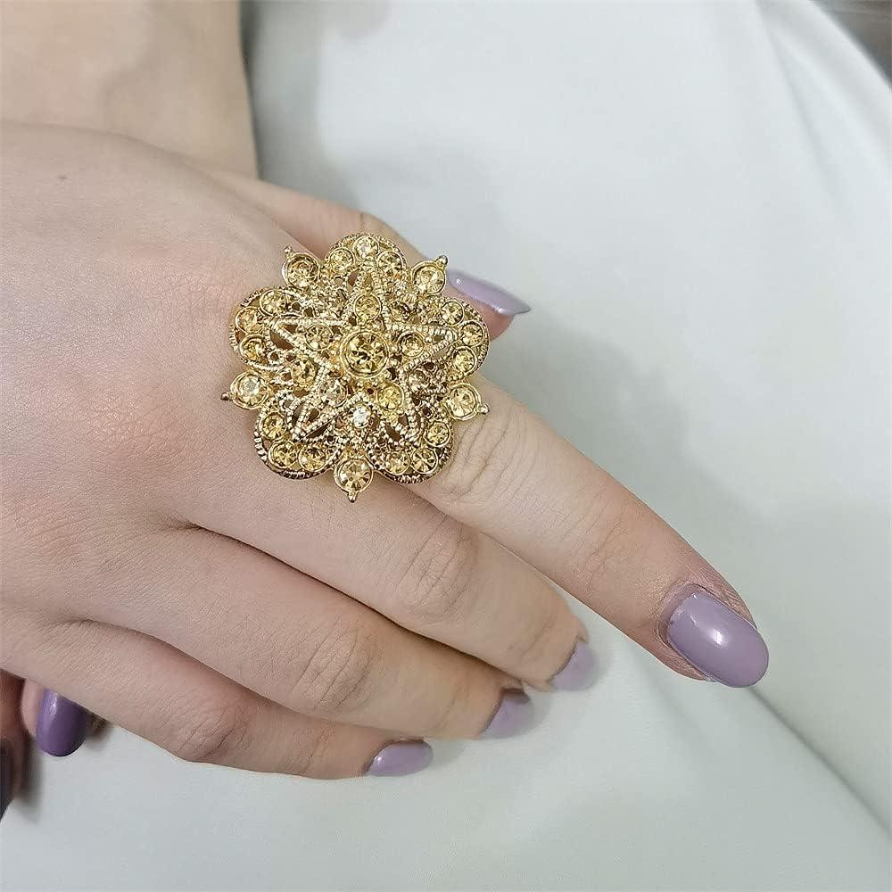 imageCZ Filigree Star Flower Statement Ring for Women Girls Gold Plated Yellow Crystal Chunky Wide Band Rings Comfort Fit Boho Retro Promise Engagement Wedding Birthday Jewelry