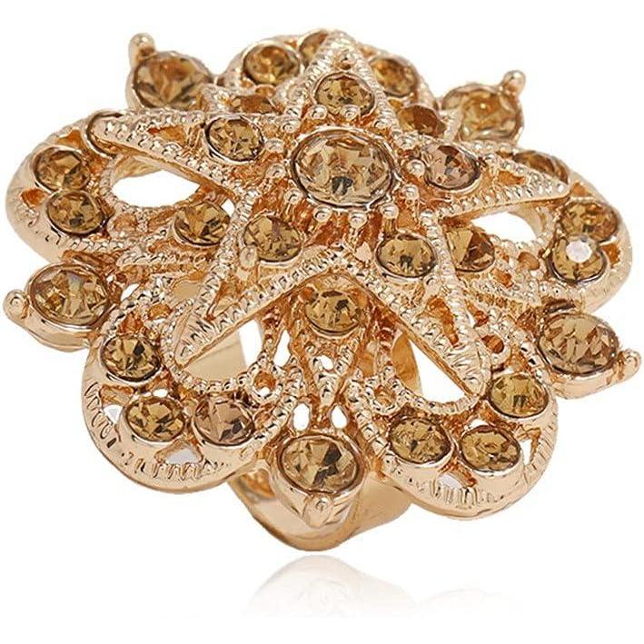 imageCZ Filigree Star Flower Statement Ring for Women Girls Gold Plated Yellow Crystal Chunky Wide Band Rings Comfort Fit Boho Retro Promise Engagement Wedding Birthday Jewelry