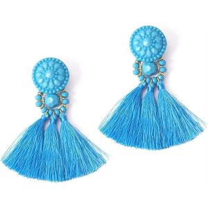 imageBoho Round Fringed Dangle Earrings for Women Girls Acrylic Bohemian Geometric Long Tassel Thread Statement Drop Circle Ball Stud Hypoallergenic Retro Colorful Y2K Jewelry Gifts Blue