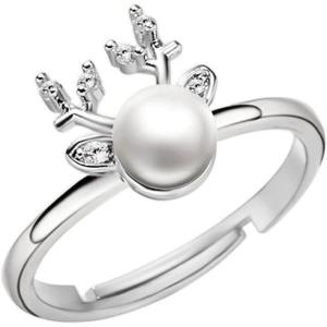 imageCute Deer Ring for Women Teen Girls Adjustable Expandable CZ Imitation Pearl Reindeer Animal Statement Open Wrap Rings Comfort Fit Nickle Free Birthday Christmas New Year Jewelry Gifts Crystal Antler