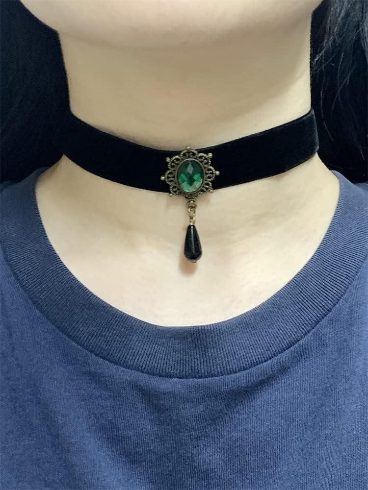 imageVintage Black Velvet Choker Necklace for Women Gothic Victorian Crystal Charms Adjustable Chain Necklaces Retro Boho Dress Accessories Punk 80s 90s Christmas Halloween Cosplay Party Jewelry Green CZ