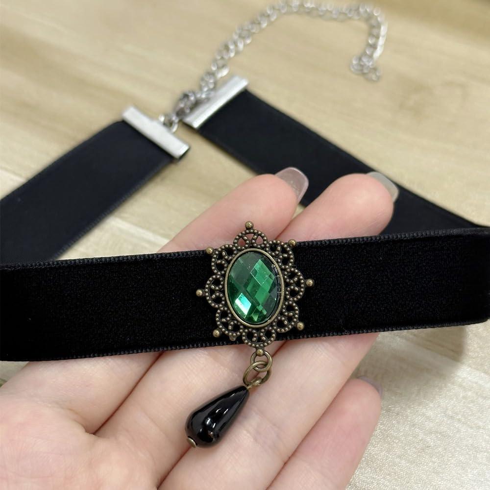 imageVintage Black Velvet Choker Necklace for Women Gothic Victorian Crystal Charms Adjustable Chain Necklaces Retro Boho Dress Accessories Punk 80s 90s Christmas Halloween Cosplay Party Jewelry Green CZ