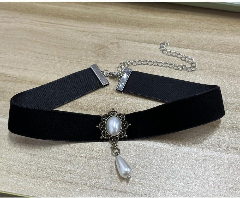 imageVintage Black Velvet Choker Necklace for Women Gothic Victorian Crystal Charms Adjustable Chain Necklaces Retro Boho Dress Accessories Punk 80s 90s Christmas Halloween Cosplay Party Jewelry Shell Pearl Drop