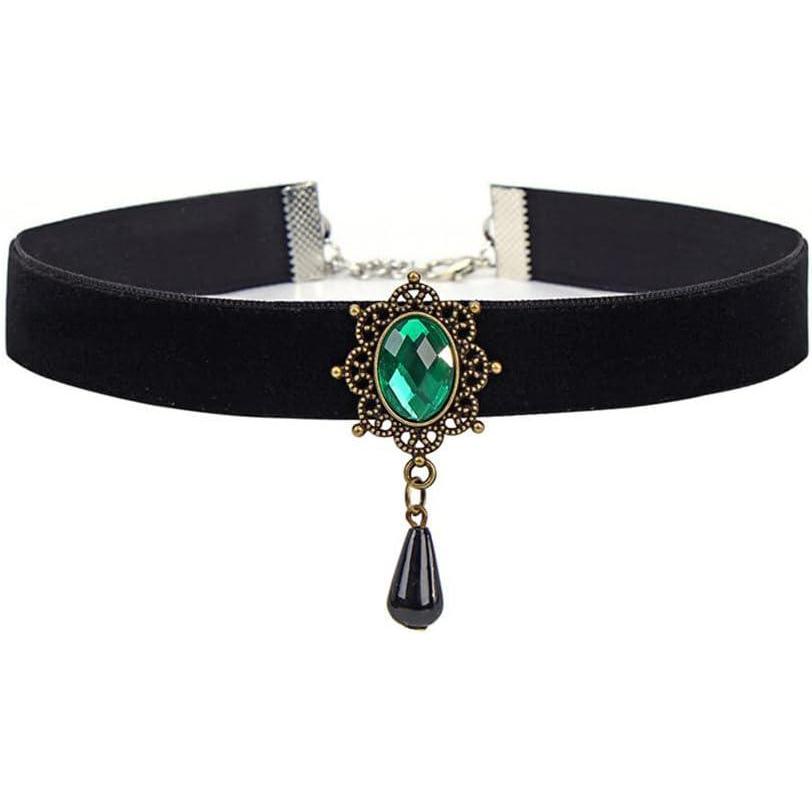 imageVintage Black Velvet Choker Necklace for Women Gothic Victorian Crystal Charms Adjustable Chain Necklaces Retro Boho Dress Accessories Punk 80s 90s Christmas Halloween Cosplay Party Jewelry Green CZ