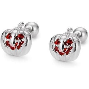 image18G Halloween Pumpkin Stud Earrings for Women Girls 925 Sterling Silver Red Cubic Zirconia CZ Cute Small Devil Cartilage Studs Hypoallergenic Piercing Ear Delicate Thanksgiving Fall Party Jewelry Gifts for FriendsWhite Gold