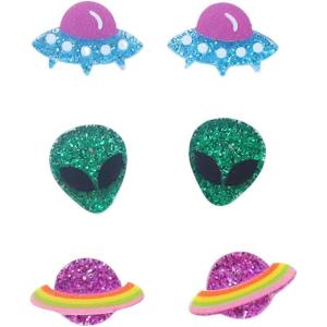 image3 Pairs Acrylic Halloween Stud Earrings Set for Women Resin Pink Purple Black White Sequins Moon Pumpkin Maple Leaf Ghost Bat Studs Earring Cute Holiday Party Jewelry Gifts Daughter NieceUFO