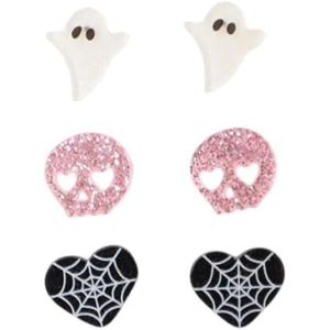image3 Pairs Acrylic Halloween Stud Earrings Set for Women Resin Pink Purple Black White Sequins Moon Pumpkin Maple Leaf Ghost Bat Studs Earring Cute Holiday Party Jewelry Gifts Daughter NieceSkull