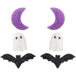image3 Pairs Acrylic Halloween Stud Earrings Set for Women Resin Pink Purple Black White Sequins Moon Pumpkin Maple Leaf Ghost Bat Studs Earring Cute Holiday Party Jewelry Gifts Daughter NieceCrescent