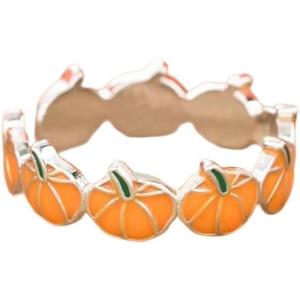 imageCute Autumn Pumpkin Statement Ring for Women Fashion Silver Plated Orange Green Enamel Adjustable Expandable Open Wrap Finger Rings Comfort Fit Dainty Holiday Halloween Jewelry Gift