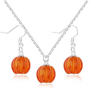 imageDainty Pumpkin Dangle Earrings Pendant Necklace Jewelry Set for Women Gold Plated Cute Halloween Thanksgiving Charms Drop Adjustable Link Chain Fall Holiday Festival Dress AccessoriesSilver