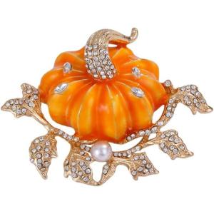 imageRhinestone Autumn Pumpkin Brooch for Women Girls Fashion Enamel Halloween Thanksgiving Crystal Leaf Brooches Lapel Pins Fall Holiday Festival Party Dress Accessories GiftGoldTone Orange