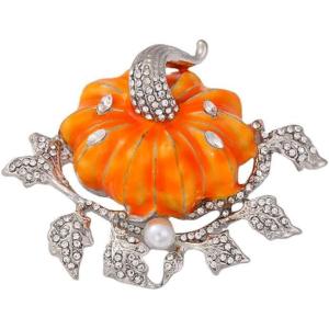 imageRhinestone Autumn Pumpkin Brooch for Women Girls Fashion Enamel Halloween Thanksgiving Crystal Leaf Brooches Lapel Pins Fall Holiday Festival Party Dress Accessories GiftSilver Orange