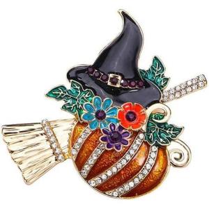 imageRhinestone Pumpkin Witch Hat Brooch Pin for Women Girls GoldTone Fashion Enamel Crystal Flower Leaf Broom Halloween Brooches Dainty Dress Accessories Holiday Festival Jewelry Gift