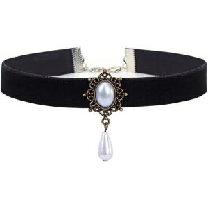 imageVintage Black Velvet Choker Necklace for Women Gothic Victorian Crystal Charms Adjustable Chain Necklaces Retro Boho Dress Accessories Punk 80s 90s Christmas Halloween Cosplay Party Jewelry Shell Pearl Drop
