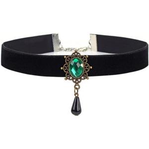 imageVintage Black Velvet Choker Necklace for Women Gothic Victorian Crystal Charms Adjustable Chain Necklaces Retro Boho Dress Accessories Punk 80s 90s Christmas Halloween Cosplay Party Jewelry Green CZ