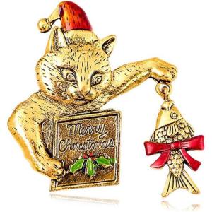 imageCute Xmas Cat Brooch for Women Girls Men Silver Gold Fashion Rhinestone Enamel Kitten Animals Santa Costumes Lapel Pins Vintage Christmas Holiday Festival Dress Accessories Jewelry Gift for PetloverGift Fish